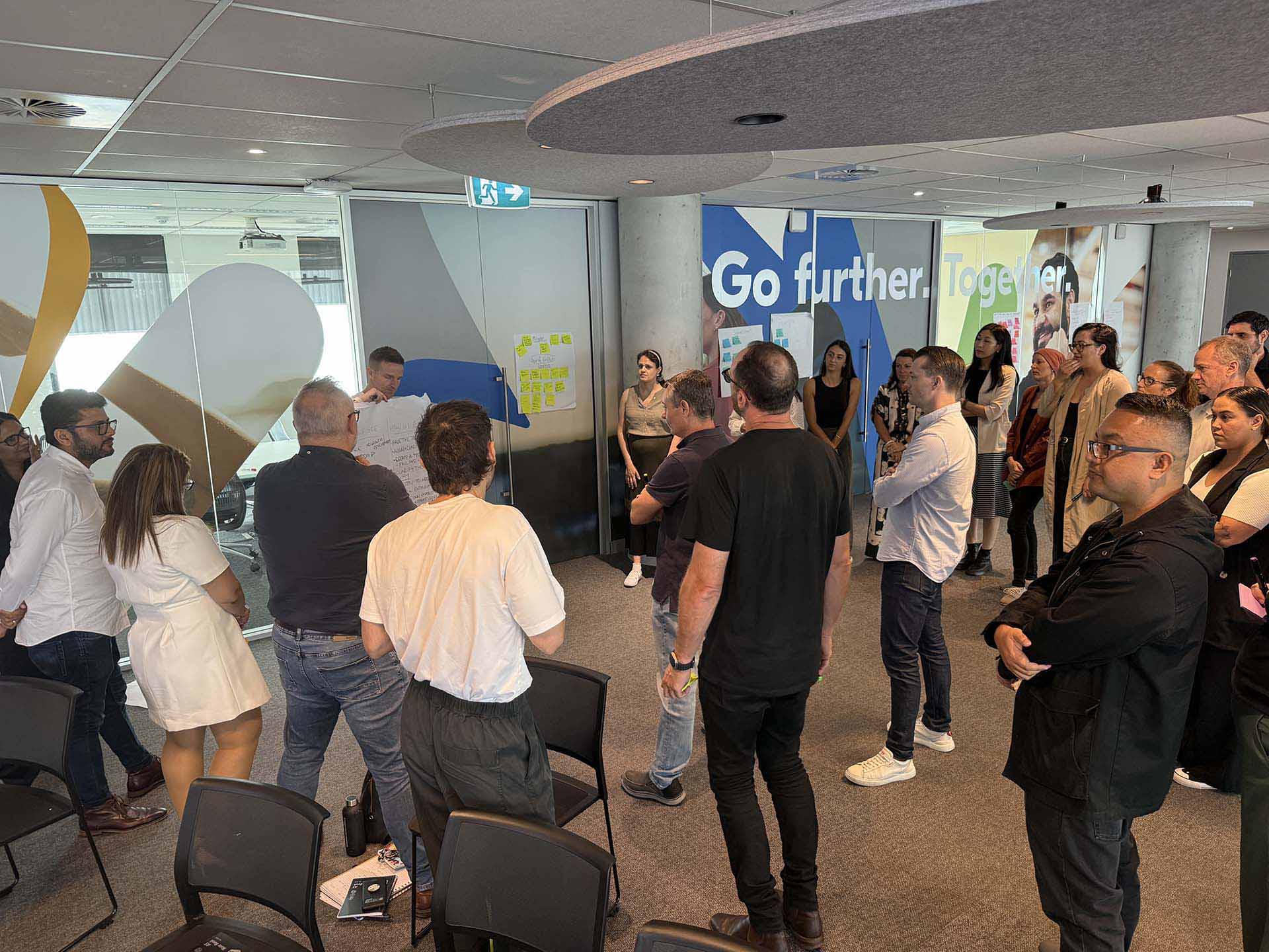 Team participating in a leadership and culture workshop during an offsite event.